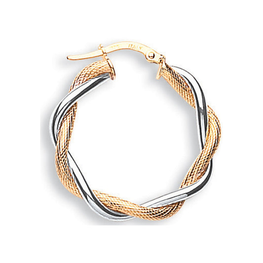 9ct Gold 2 Colour Twisted Hoop Earrings - FJewellery