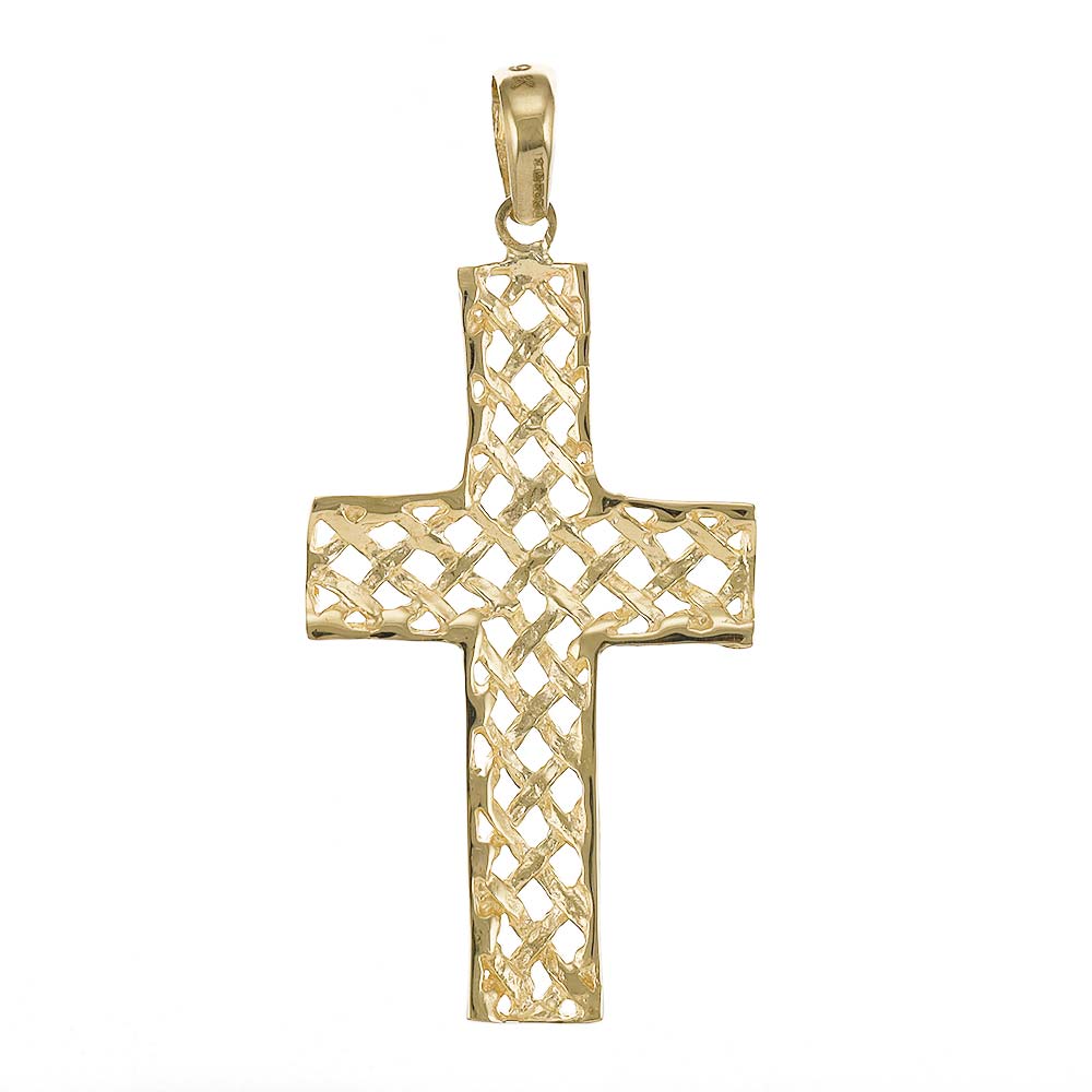 9ct Gold Abstract Patterned Cross Pendant - 48mm - FJewellery