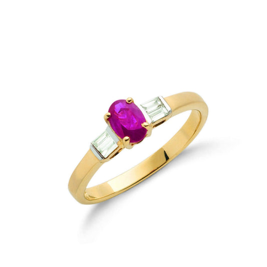 9ct Gold Baguette Cut 0.11ct Diamond and 0.60ct Ruby Ring - FJewellery