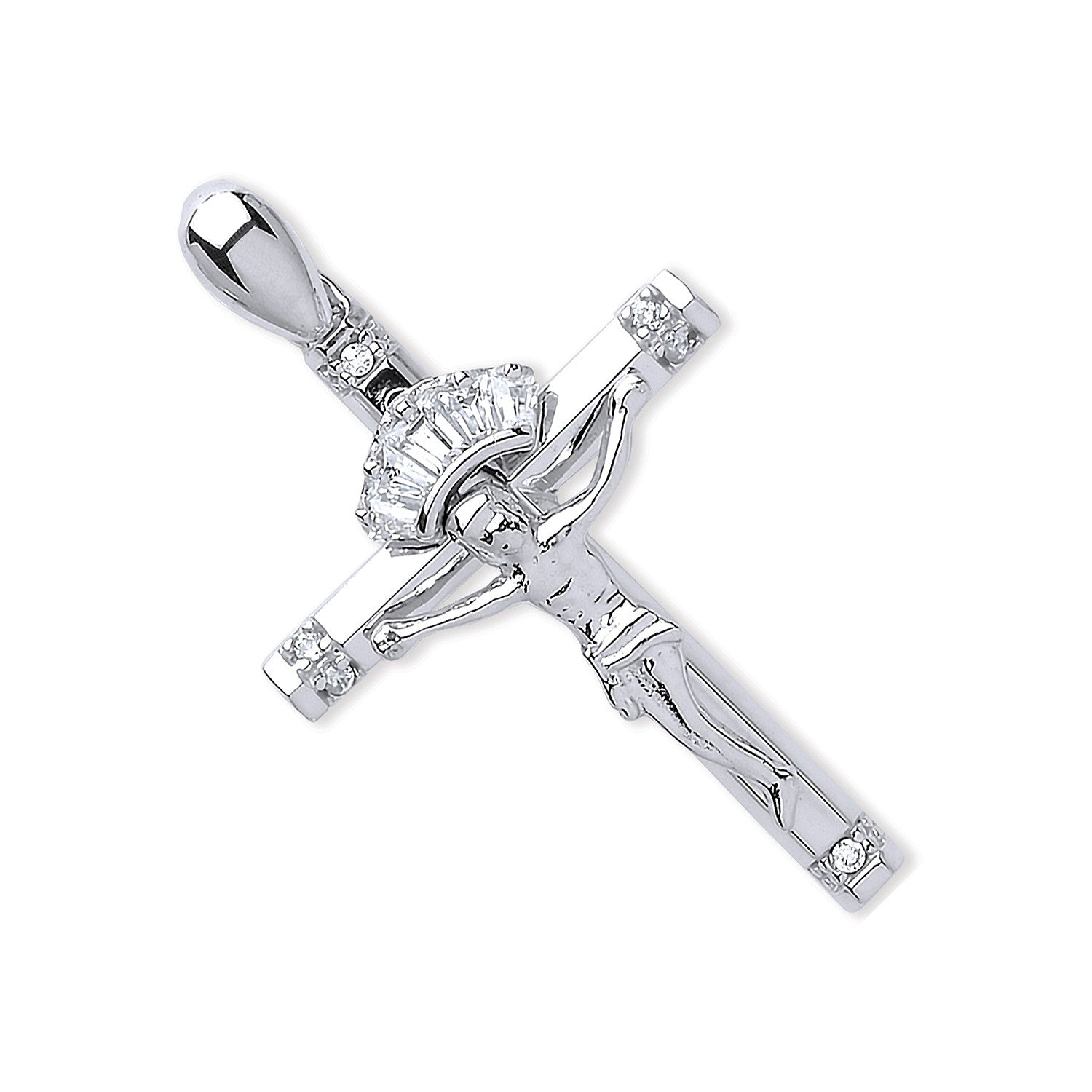 9ct Gold Cz Baguettes & Round Crucifix - FJewellery