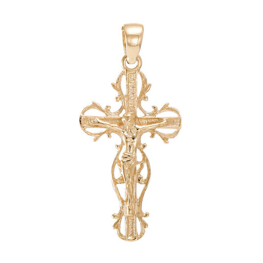 9ct Gold Floral Design Crucifix Cross Pendant - 44mm - FJewellery