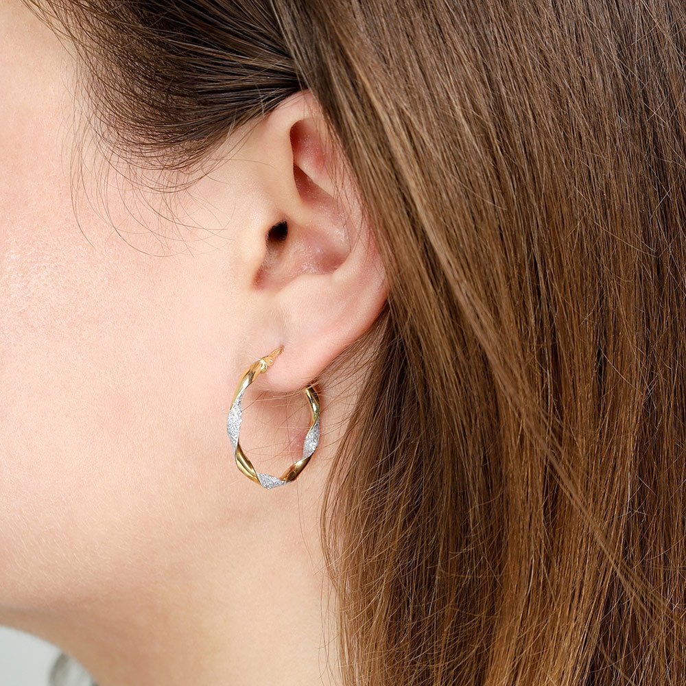 9ct Gold Glitter Finish Twisted Hoop Earrings 25mm - FJewellery