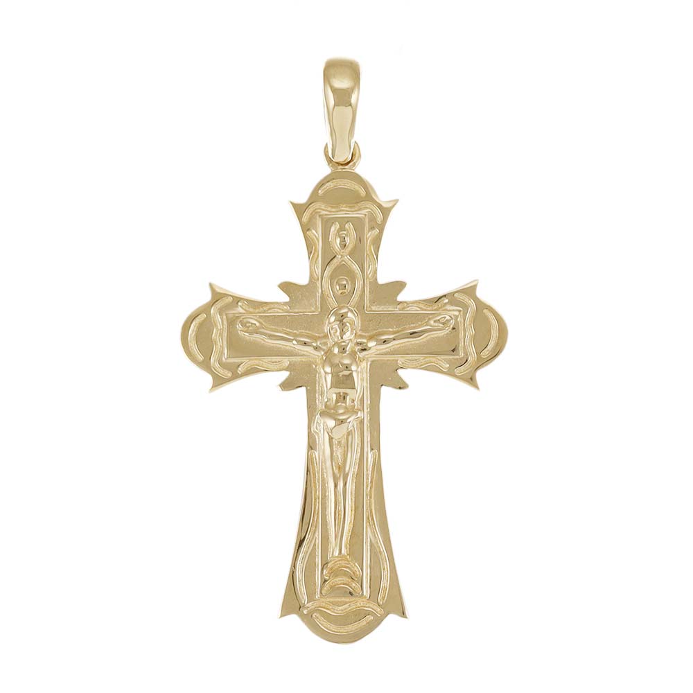 9ct Gold Orthodox Patterned Crucifix Cross Pendant - 42mm - FJewellery