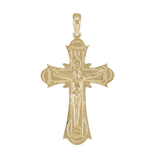 9ct Gold Orthodox Patterned Crucifix Cross Pendant - 42mm - FJewellery