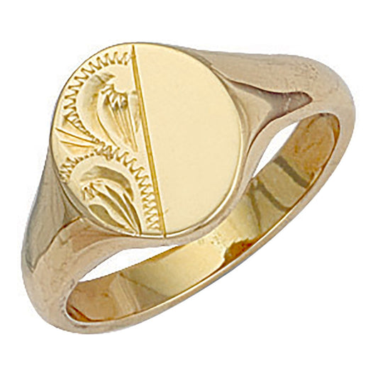 9ct Gold Oval Engraved Signet Ring 12 x 14mm - FJewellery