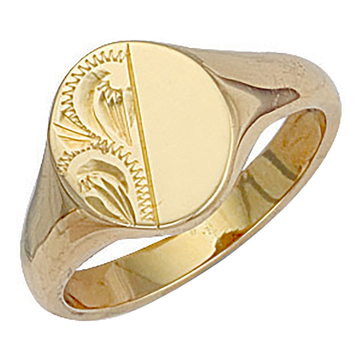 9ct Gold Oval Half Engraved Signet Ring 12 x 14mm - FJewellery