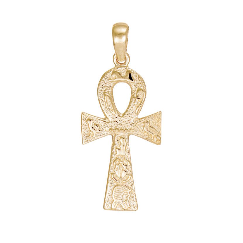 9ct Gold Patterned Ankh Cross Pendant - 37mm - FJewellery