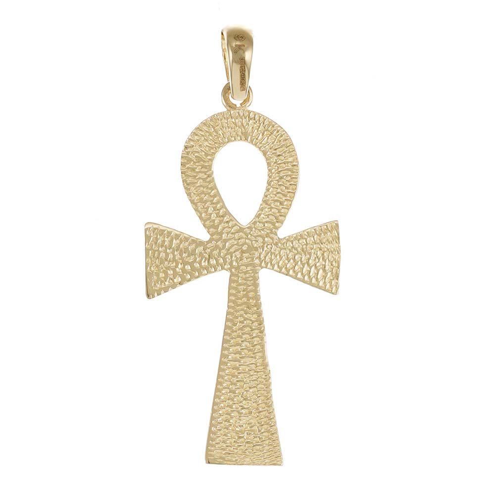 9ct Gold Patterned Ankh Cross Pendant - 47mm - FJewellery