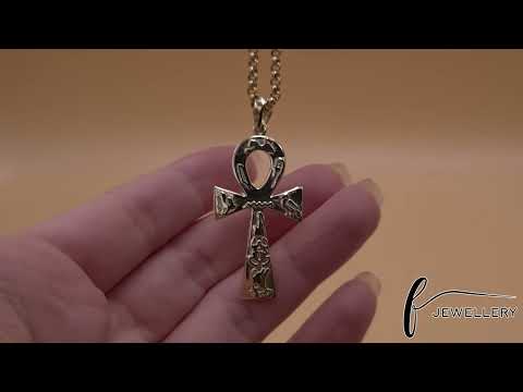 9ct Gold Patterned Ankh Cross Pendant - 47mm - FJewellery