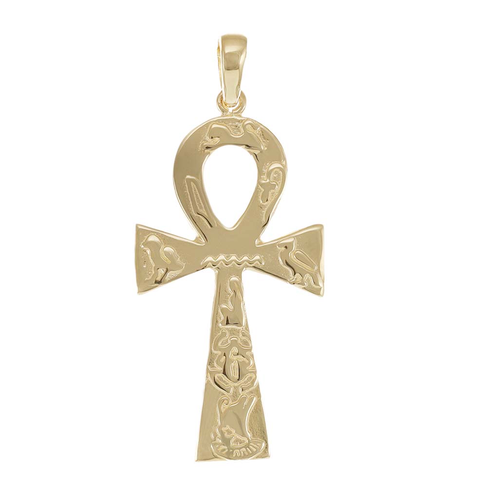 9ct Gold Patterned Ankh Cross Pendant - 47mm - FJewellery