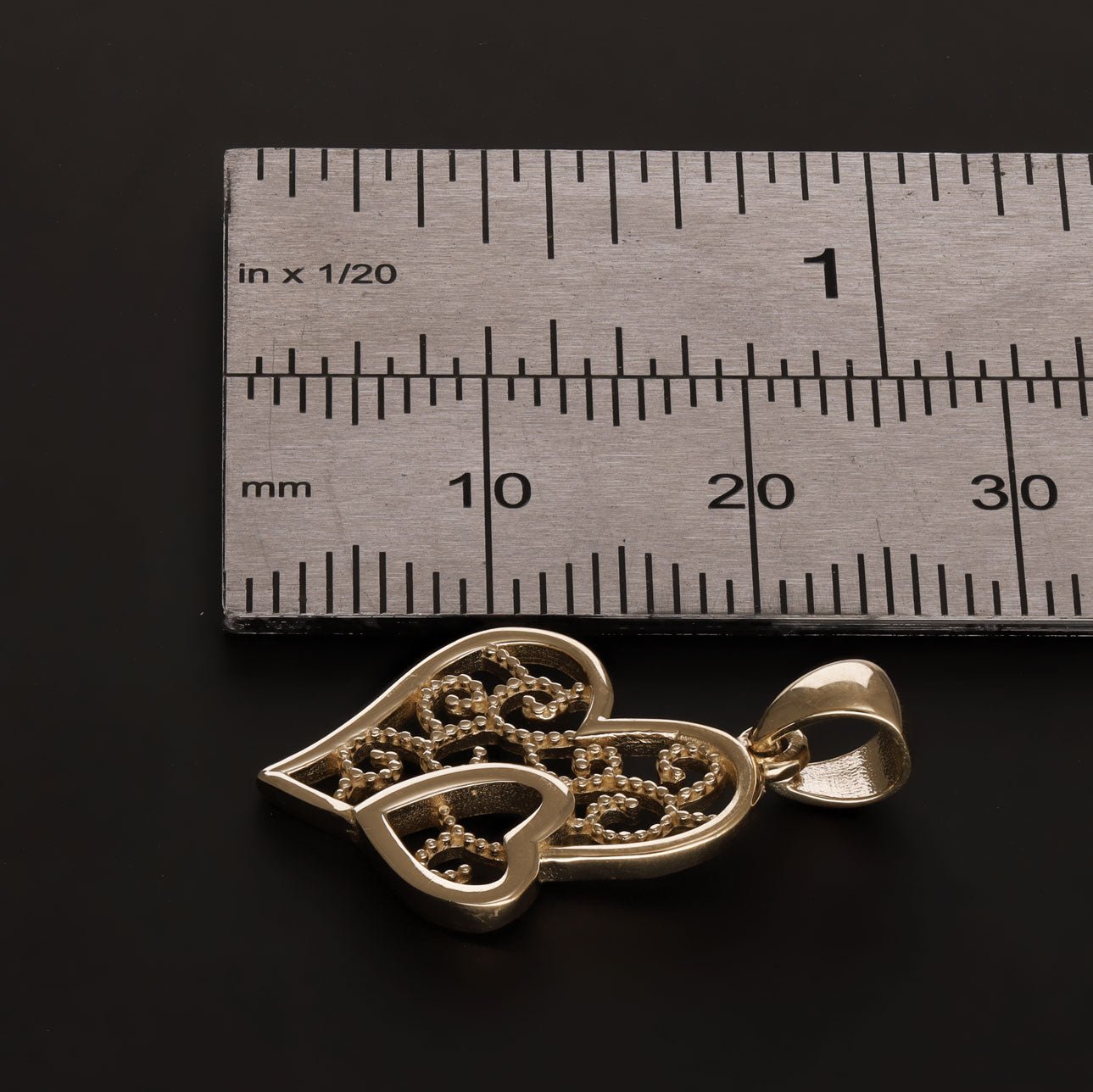 9ct Gold Patterned Double Heart Pendant - 24mm - FJewellery