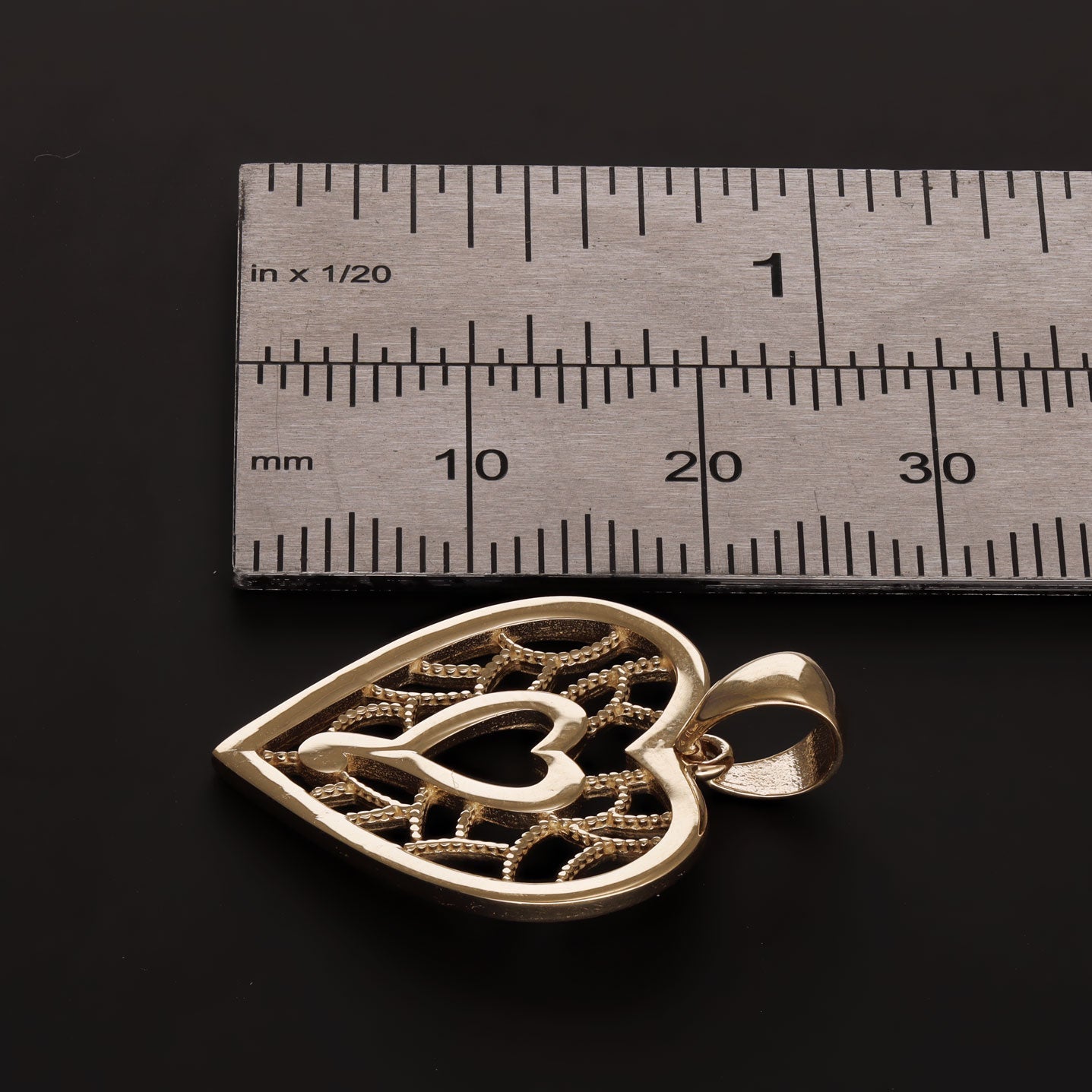9ct Gold Patterned Double Heart Pendant - 27mm - FJewellery