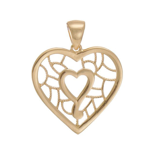 9ct Gold Patterned Double Heart Pendant - 27mm - FJewellery