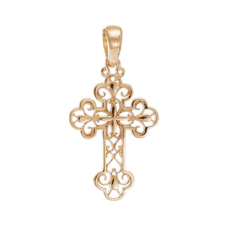 9ct Gold Traditional Patterned Cross Pendant - 33mm - FJewellery