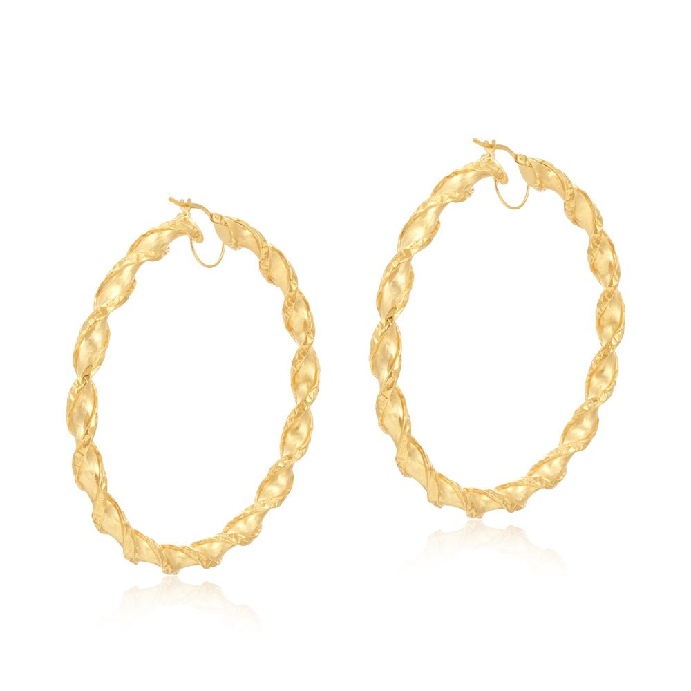 9ct Gold Twisted Hollow Hoop Earrings 61mm - FJewellery