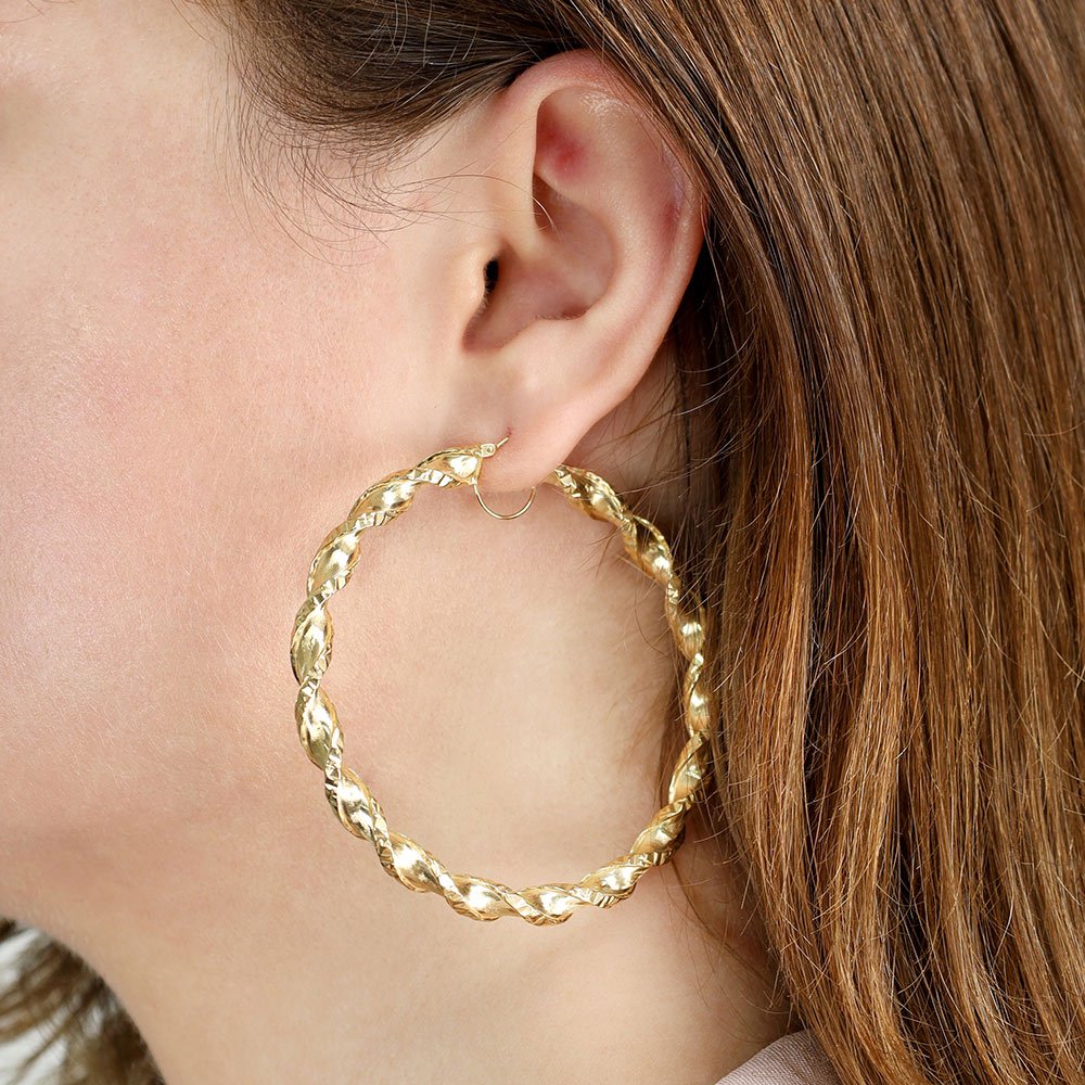 9ct Gold Twisted Hollow Hoop Earrings 61mm - FJewellery