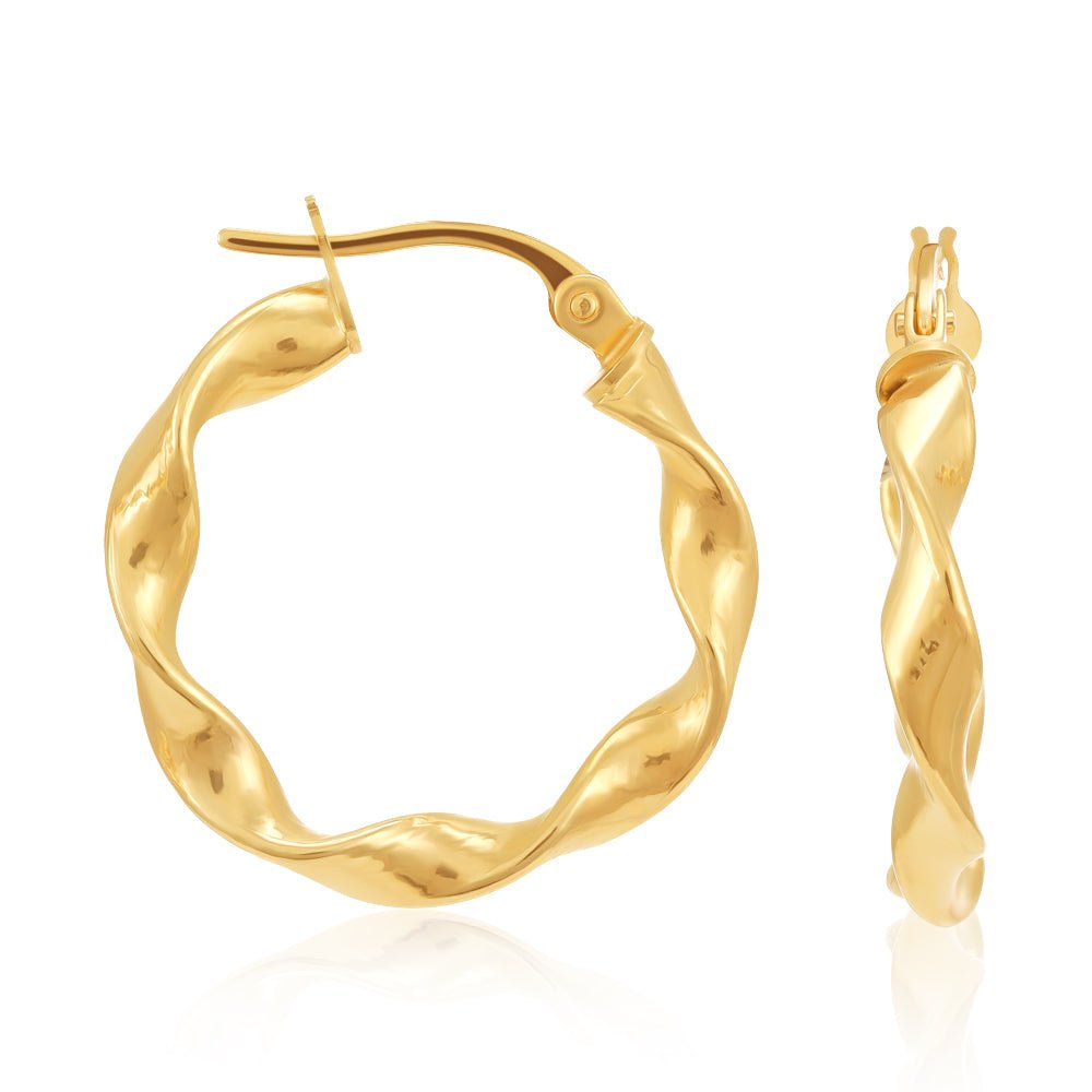 9ct Gold Twisted Yellow Hoop Earrings - FJewellery