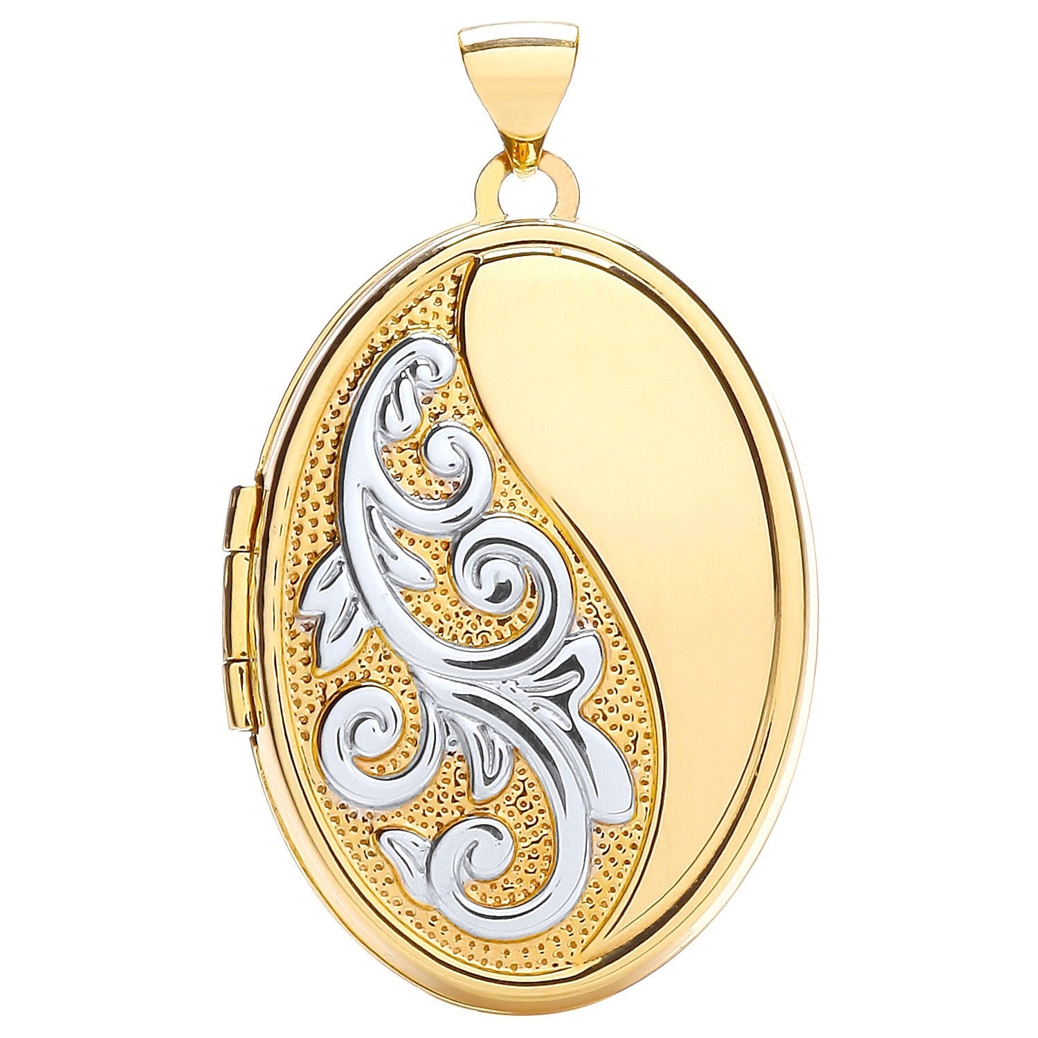 9ct White and Yellow Gold Oval Curly Design Locket - FJewellery