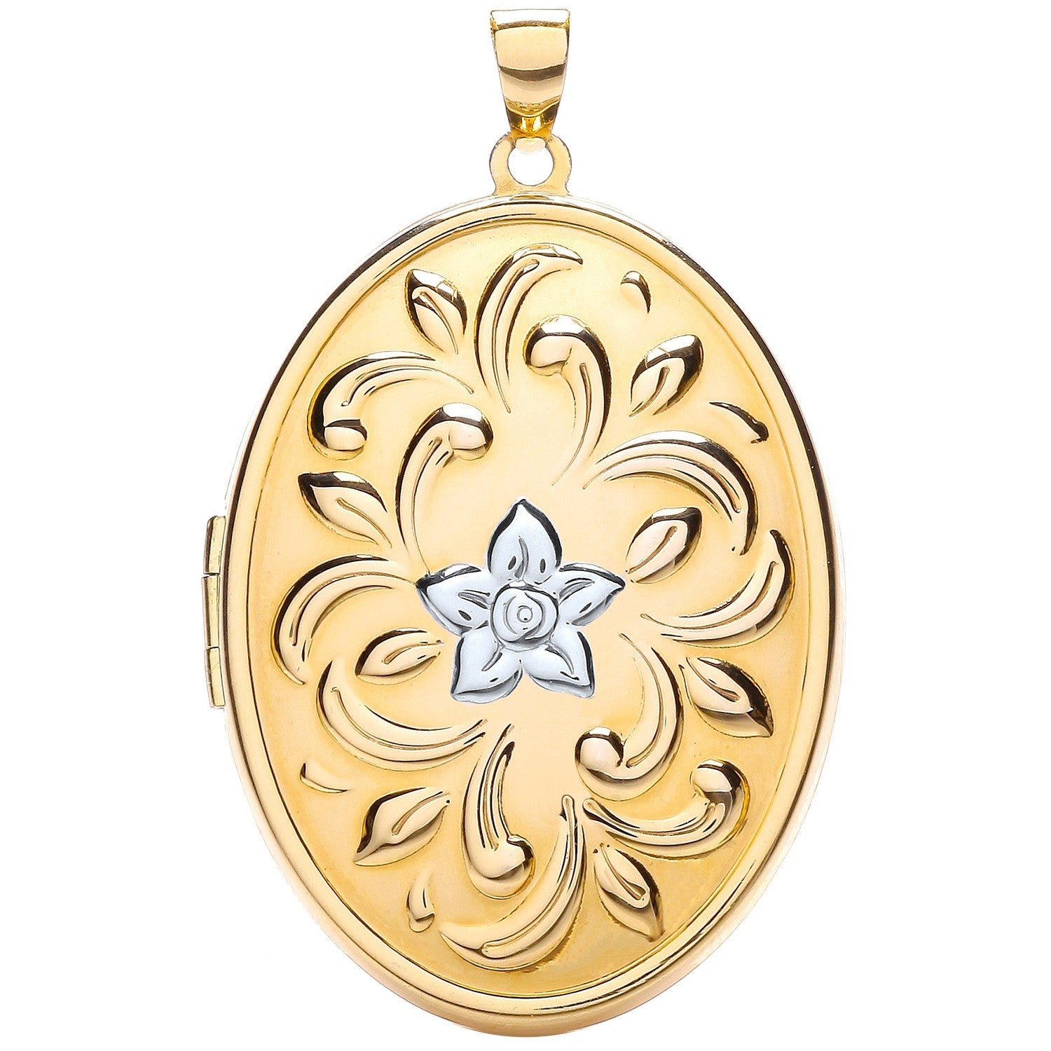 9ct White and Yellow Gold Oval Floral Design Locket - FJewellery