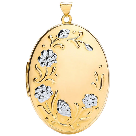 9ct White and Yellow Gold Oval Flower design Locket - FJewellery