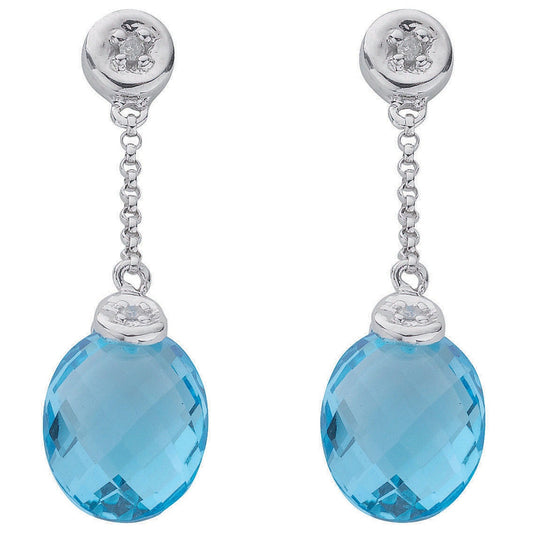 9ct White Gold 0.04ct Diamond & 6.93ct Blue Topaz Drop Earrings - FJewellery