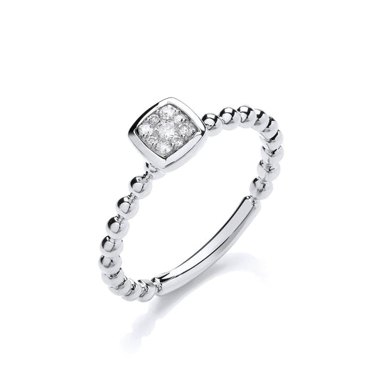 9ct White Gold 0.10ct Beaded Shank Square top Ring - FJewellery