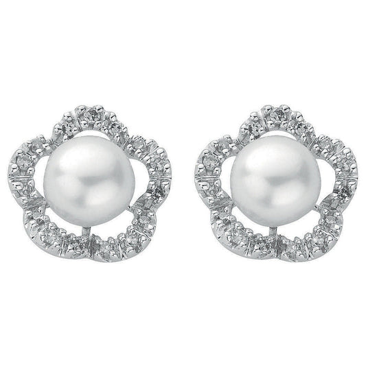 9ct White Gold 0.17ct Diamond & Pearl Stud Earrings - FJewellery