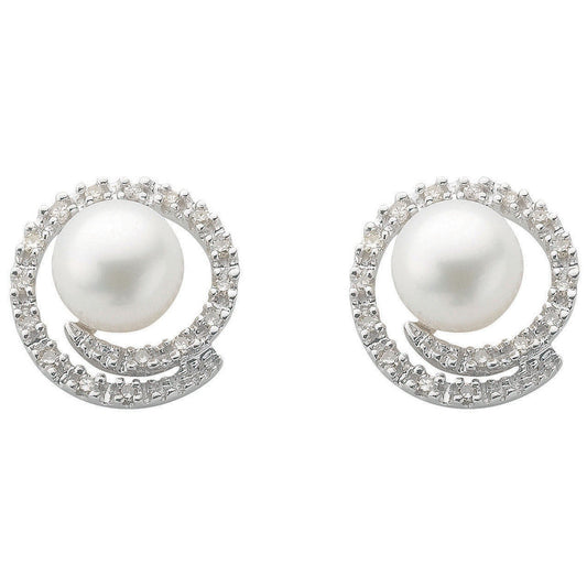 9ct White Gold 0.18ct Diamond & Pearl Stud Earrings - FJewellery