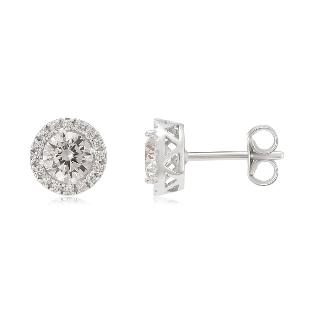 9ct White Gold 8mm Round CZ Halo Stud Earrings - FJewellery