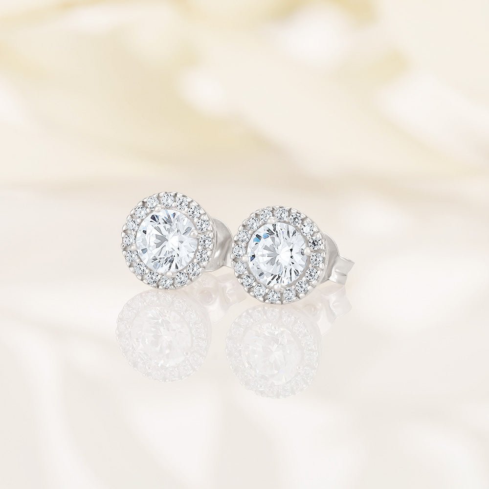 9ct White Gold 8mm Round CZ Halo Stud Earrings - FJewellery