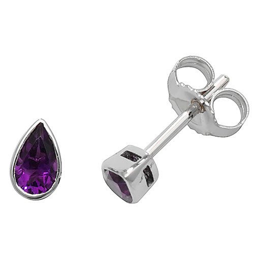 9ct White Gold Amethyst Rubover Drop Studs - FJewellery