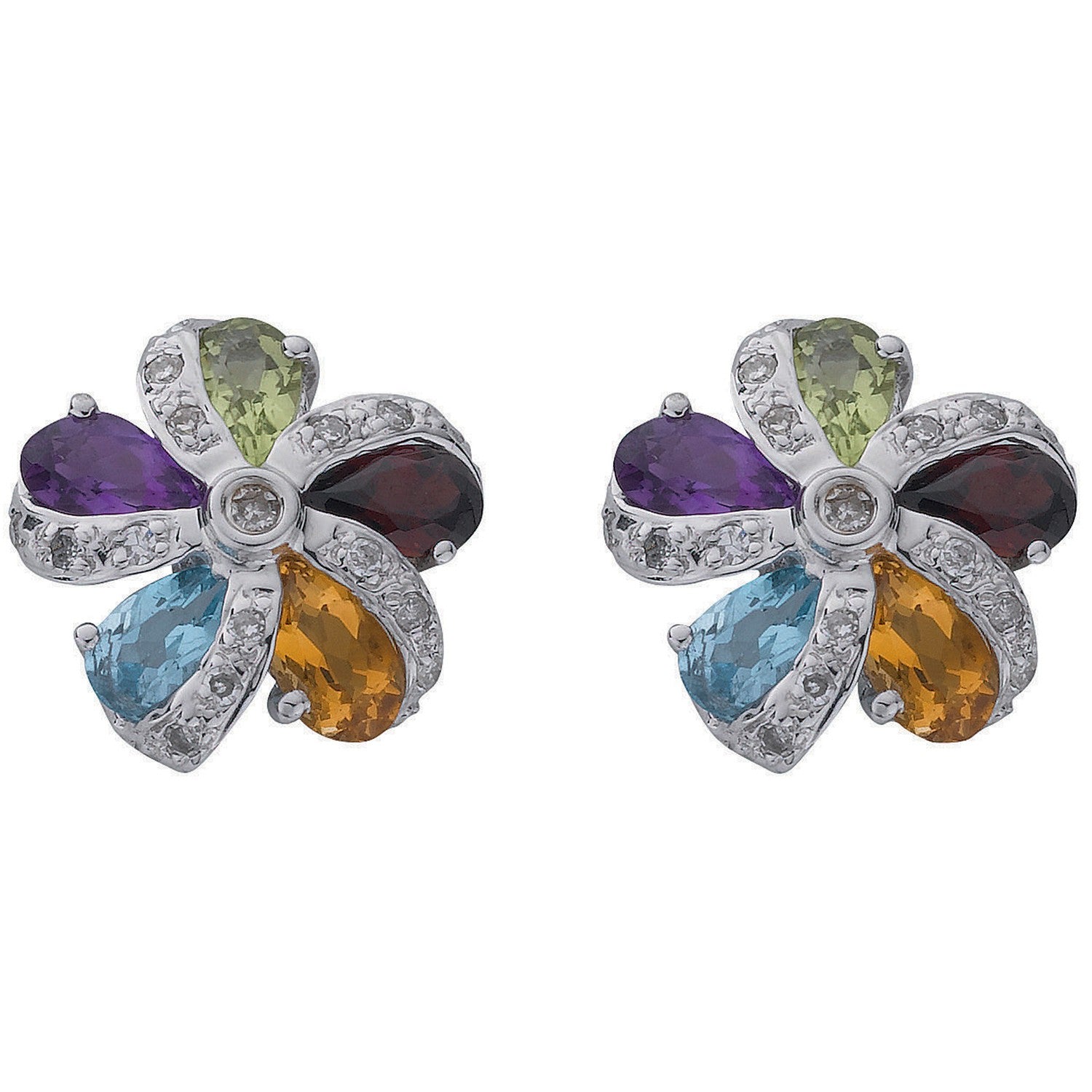 9ct White Gold, Diamond & Multi Colour Gems Earrings - FJewellery
