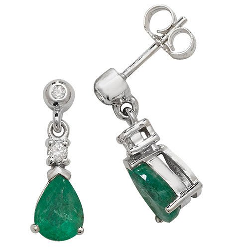 9ct White Gold Emerald Drop Earrings - FJewellery