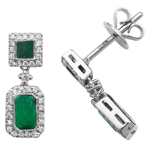 9ct White Gold Emerald Square Drop Earrings - FJewellery