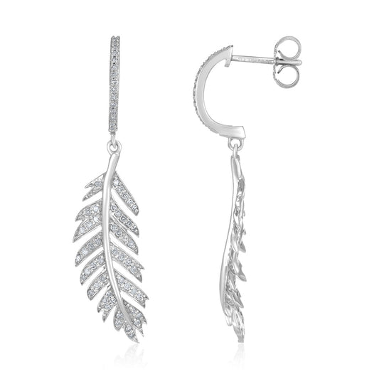 9ct White Gold Feather Drop 0.40ctw Diamond Earrings - FJewellery