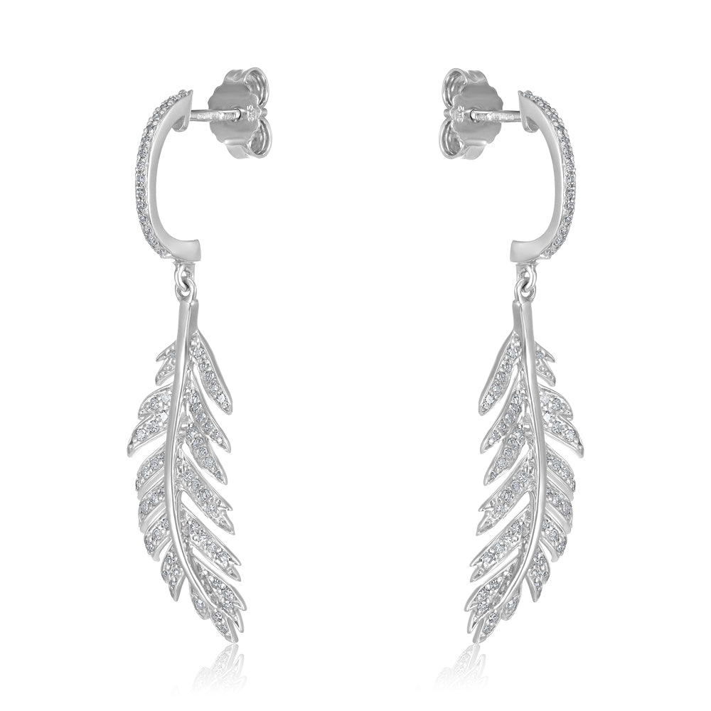 9ct White Gold Feather Drop 0.40ctw Diamond Earrings - FJewellery