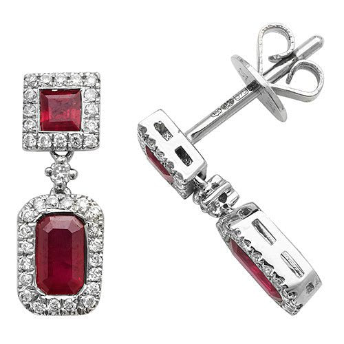 9ct White Gold Ruby Drop Square Earrings - FJewellery