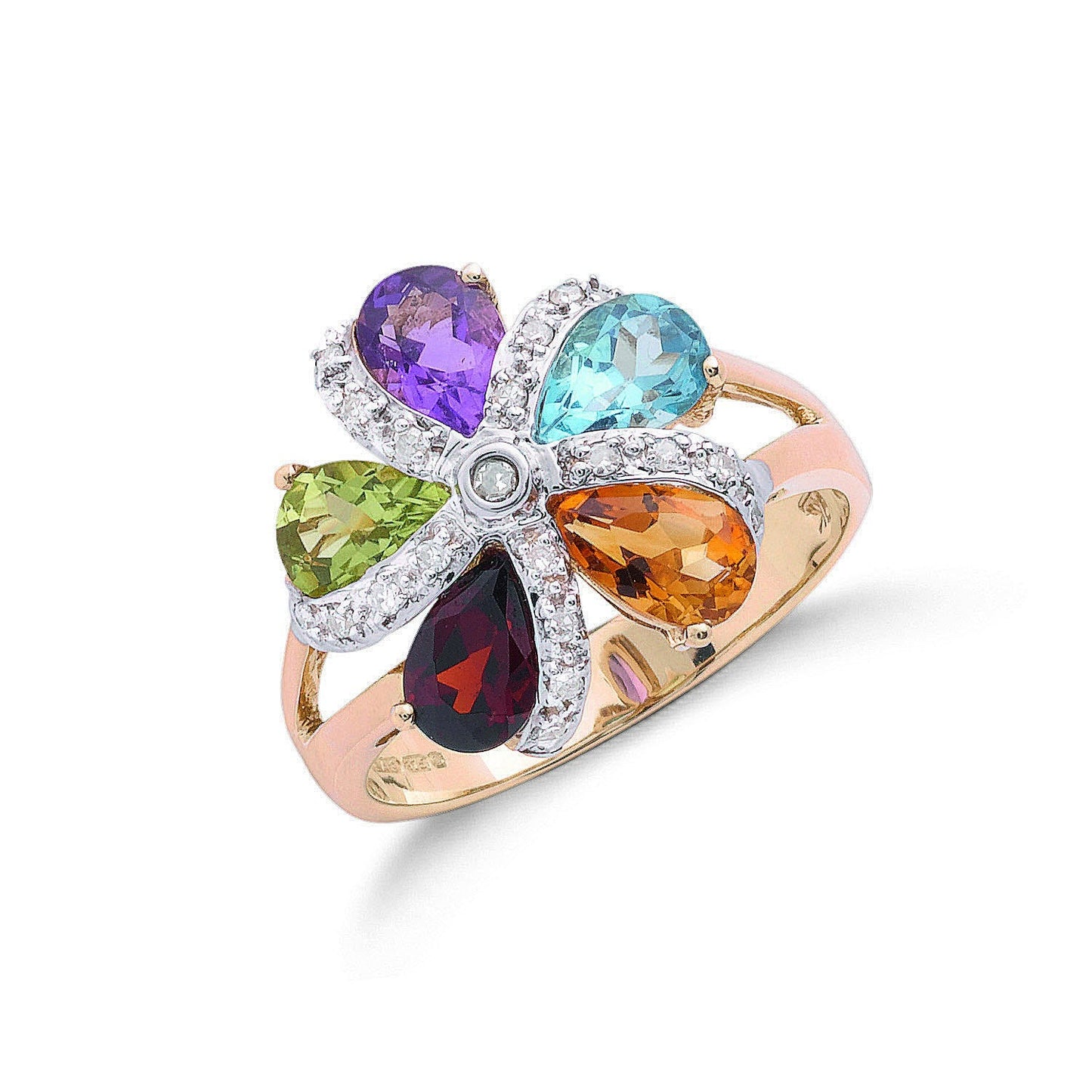 9ct Y Gold Diamond and Multi Colour St Flower Cluster Ring - FJewellery