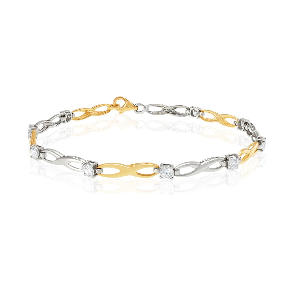 9ct Yellow And White Gold Figure Of 8 Link With Cz'S Ladies Bracelet - FJewellery