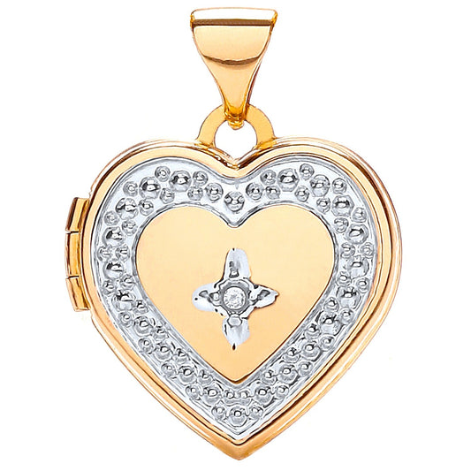 9ct Yellow and White Gold Heart Shape Locket with Diamond - FJewellery