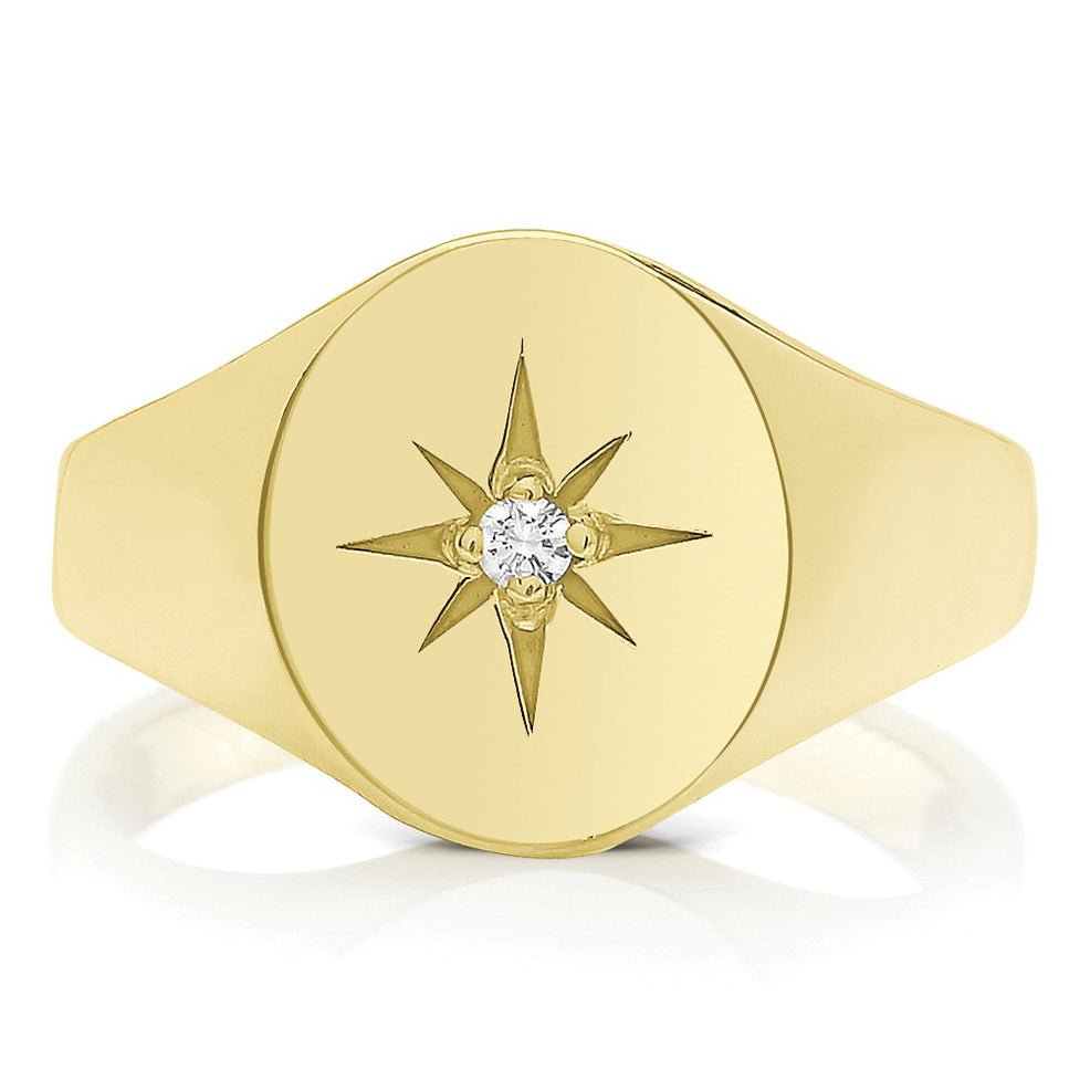 9ct Yellow Gold 0.10ct Diamond Oval Signet Ring - Size O - FJewellery