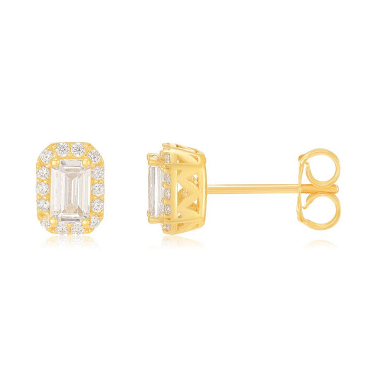 9ct Yellow Gold Baguette Halo Stud Earrings - FJewellery