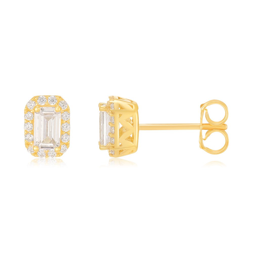 9ct Yellow Gold Baguette Halo Stud Earrings - FJewellery
