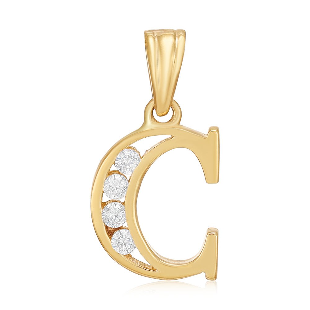 9ct Yellow Gold Channel Set Cubic zirconia Initial Pendant C - FJewellery