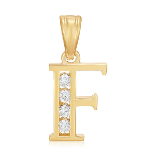 9ct Yellow Gold Channel Set Cubic zirconia Initial Pendant F - FJewellery