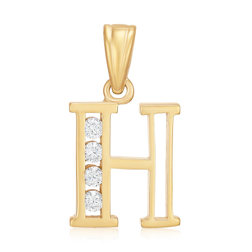 9ct Yellow Gold Channel Set Cubic zirconia Initial Pendant H - FJewellery