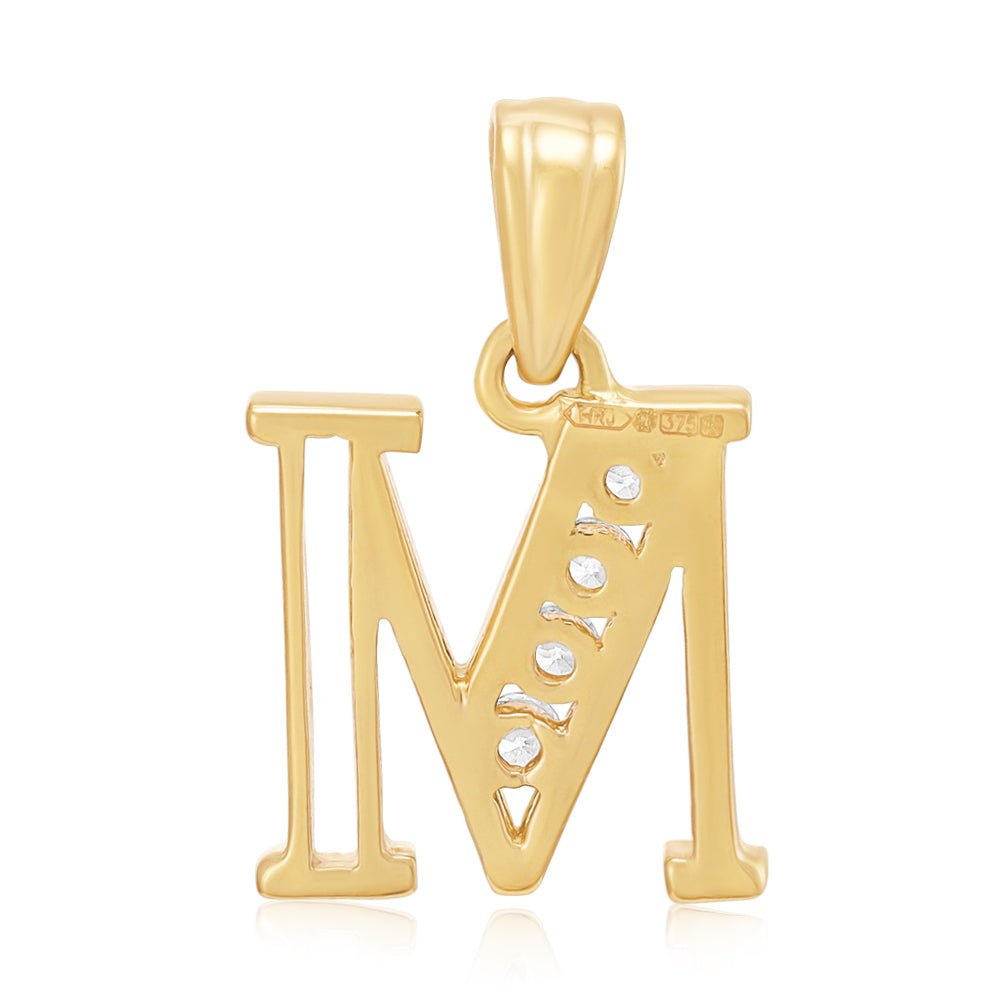 9ct Yellow Gold Channel Set Cubic zirconia Initial Pendant M - FJewellery