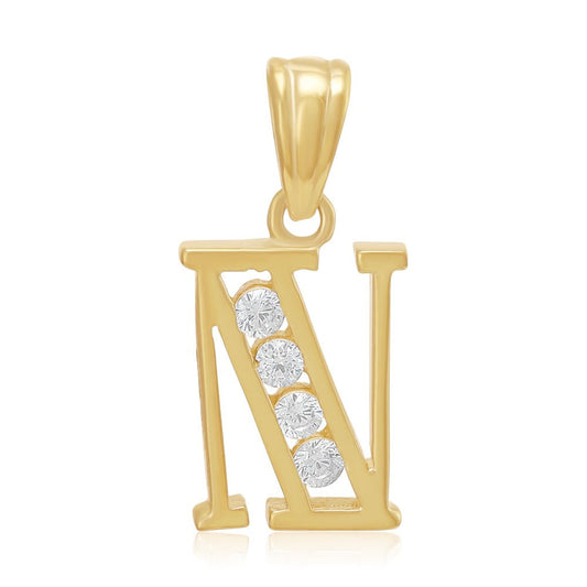 9ct Yellow Gold Channel Set Cubic zirconia Initial Pendant N - FJewellery