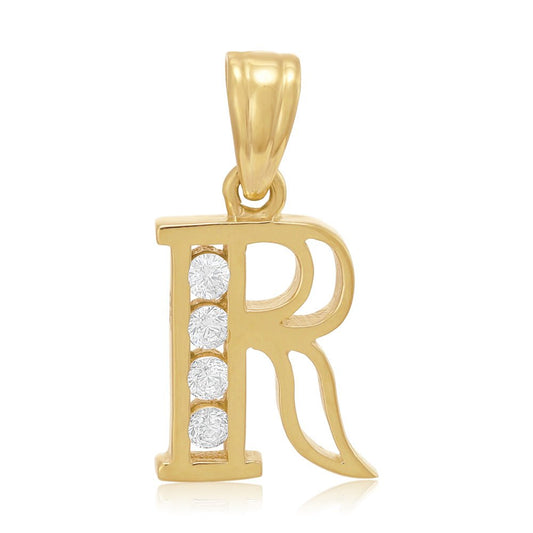 9ct Yellow Gold Channel Set Cubic zirconia Initial Pendant R - FJewellery
