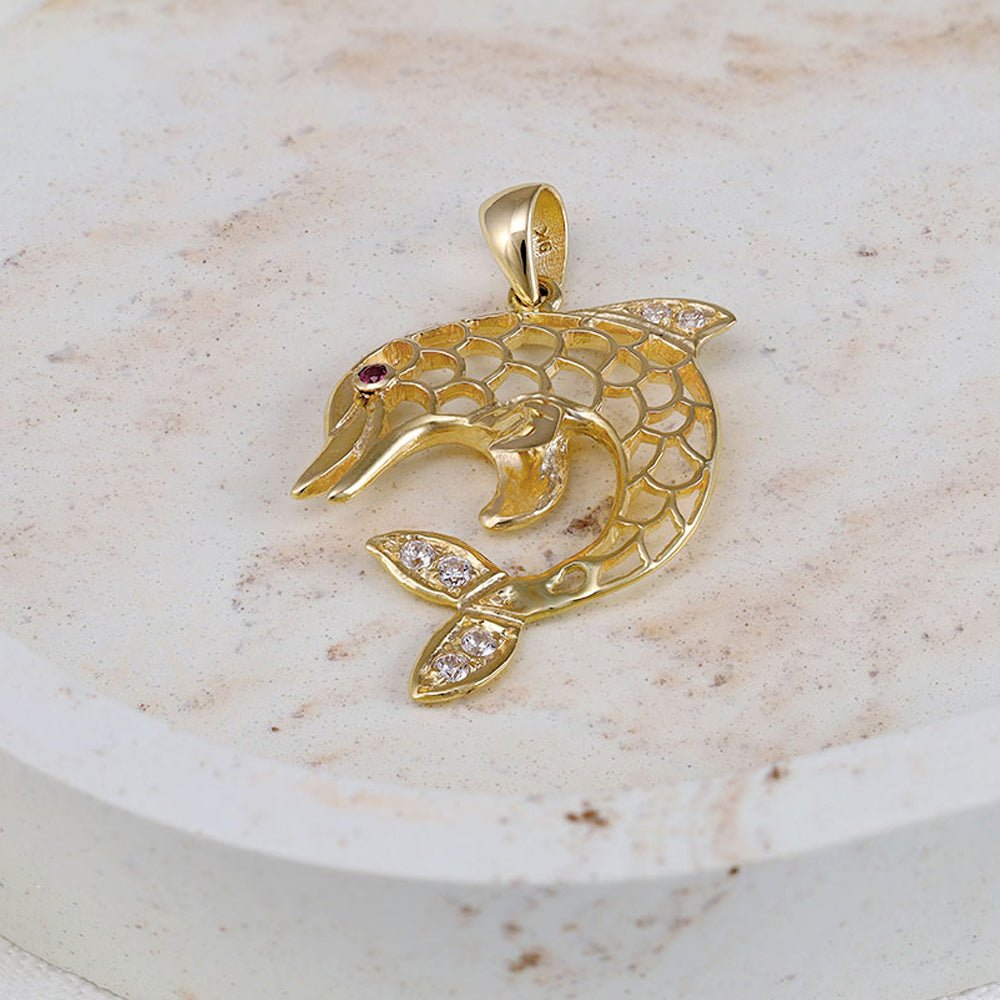 9ct yellow gold cubic zirconia Dolphin Pendants PD60-9-28-6 - FJewellery